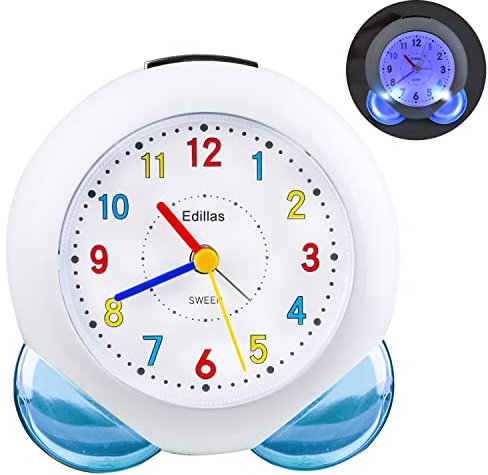 Edillas Wecker Kinder für Mädchen Jungen,Analog Wecker Geräuschlos Ohne Ticken mit Licht Schlummerfunktion Fußball Wecker für Kinder Schlafzimmer Nachttisch Tisch Aufwachenuhr (Blau Silber)