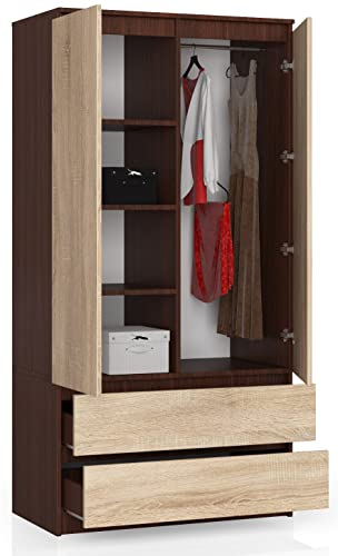 BDW Kleiderschränk 2 Türen, 4 Einlegeböden, Kleiderständer, 2 Schubladen, Mehrzweckschrank, Schubladenschrank, Garderobenschrank für Schlafzimmer, Wohnräume, 180x90x51cm, Venga/Eiche Sonoma