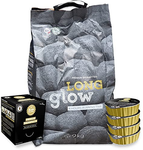 11 Tüten á 9kg Long Glow Premium Grillbriketts + 11 x 50gr. Premium Brennpaste Kohle Manufaktur Grillbrikett Grill Brikett Lange Brenn-& Glutdauer ca. 4h | 100% Made in Germany Energie Kienbacher