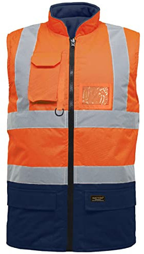 Hi Vis Reversible Fleece Gilet Reflective Saftey Security Work Jacket Protective Waistcoat Bodywarmer (Orange/Navy, M)