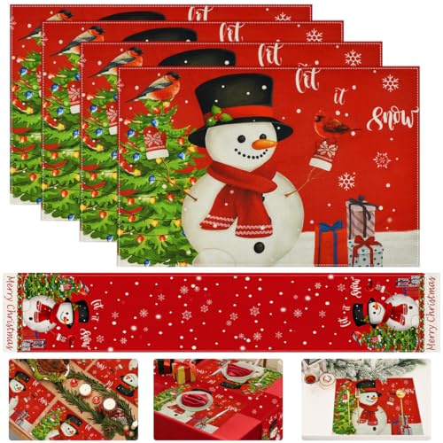 Platzset Weihnachten Tischset, FuxFuis 4 Stück 45 * 30cm Platzset Weihnachten mit 180 * 33cm Tischläufer, Weihnachtsplatzsets Deko Tischsets Abwaschbar Winter Platzdeckchen für Esstische Couchtische