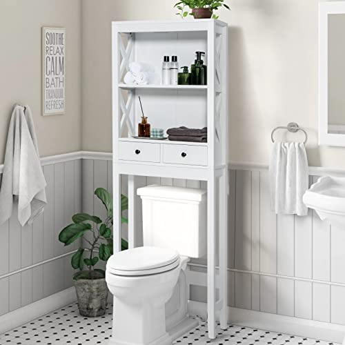 GOPLUS Meuble Étagère de Salle de Bain, Rangement au Dessus des Toilettes WC ou Lave-Linge, 2 Étagères Ouverte et 2 Tiroirs, 60 x 20 x 165 CM, Blanc