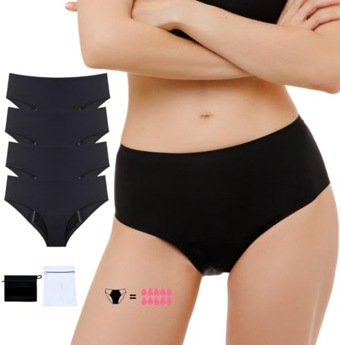 INTIMACY set of 4 ultra-absorbent seamless period underwear = 10 tampons,organic cotton,all and heavy flow,5 leak-proof layers, washable, zero leakage, suitable for teens, postpartum,Oeko-Tex,S