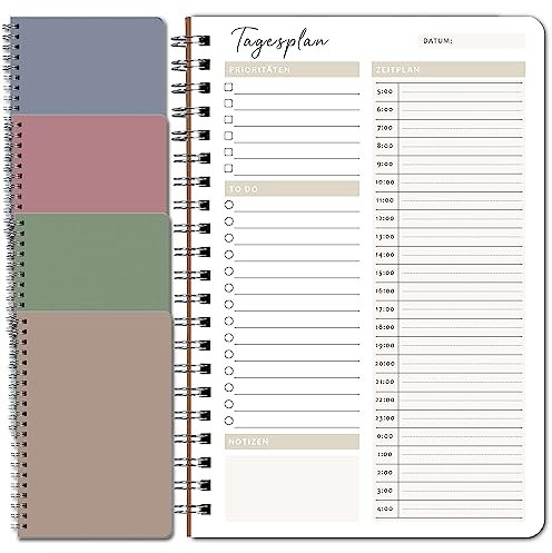 BIROYAL Zeitmanagement Handbuch, 4 Stück Tagesplaner, 100 Seiten Terminplaner, 14x21cm To Do Liste, Daily Planner Spiralblock, Notizblöcke Terminplaner Notizbuch für Reise Schule Organizer