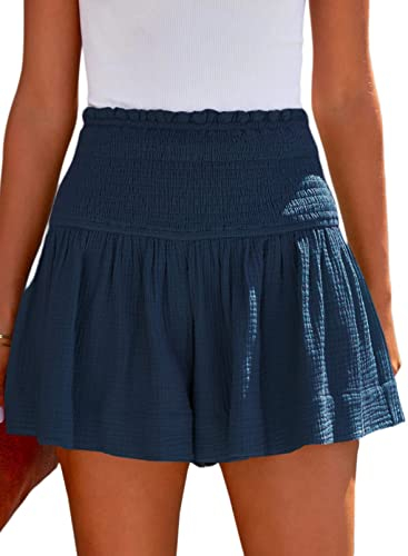 Tincini Shorts Damen Sommer Baumwolle Elastisch High Waist Kurze Hosen Causal Rüschen Strandshorts Einfarbig Freizeit Shorts Sweatpants (Marineblau, XL)