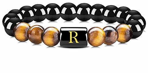 Männer Armband Perlen, Armband Buchstaben Damen Tigerauge Obsidian Schwarz Initiale R mit Perlen 16.7cm Kristall Chakra Herren