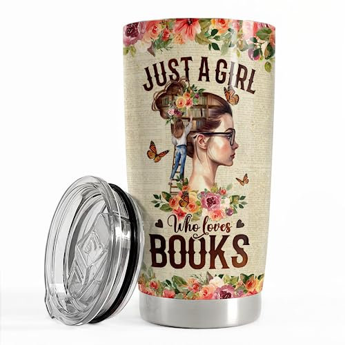 SANDJEST Book Tumbler Cup 20oz Just A Girl Who Loves Books Tumblers Coffee Travel Mug Book Lovers Gifts for Women Reading Lover Reader Bookworm Gifts for Birthday Christmas