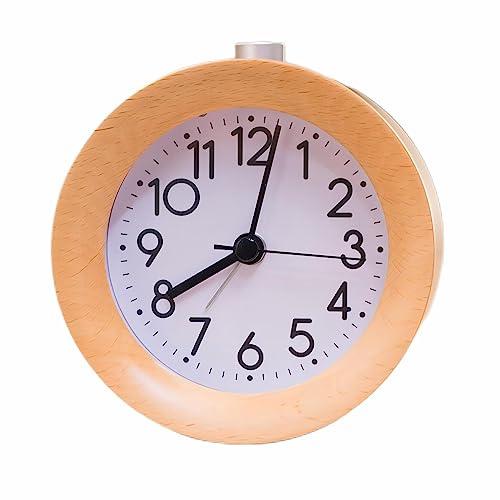 Lancoon Holz Wecker Rund Nicht Ticken mit Arabischen Ziffern Nachtlicht Snooze Funktion Batteriebetrieben für Desktop Schlafzimmer