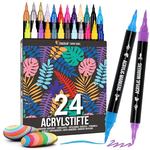 Zenacolor Feutre Acrylique à Double Pointe (Pointes Fines et Pinceau) - 24 Couleurs Uniques de Marqueur Acrylique pour Diverses Surfaces et Œuvres d'Art - Feutres Peinture Acrylique