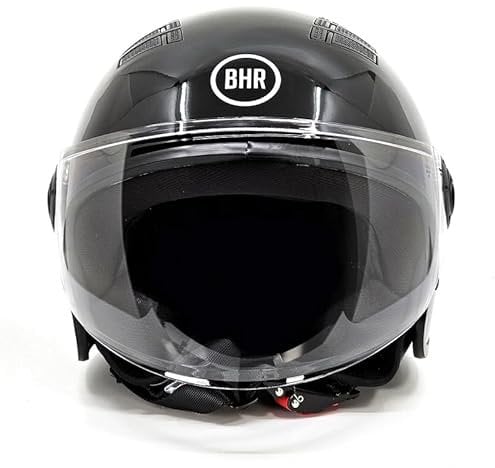 BHR Casco Moto Demi-Jet 834 FLOW - Casco Scooter Verano Homologado ECE 22.06 con 16 Puntos de Ventilación - Casco Moto Abierto con Visera Anti Rayas y Desbloqueo Micrométrico - Negro Metalizado, XS