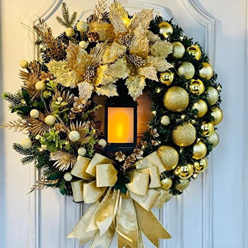 40cm Türkranz Weihnachten, Weihnachtskranz Haustür, Adventskranz Künstlich mit Laterne, Kugeln, Beeren & Schleifen - Weihnachtskranz für Innen & Außen Bereich, Xmas Dekoration (Gold)