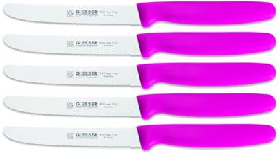 Giesser Messer Tomatenmesser Brötchenmesser Tafelmesser 11cm mit Wellenschliff 3mm - 5er Set (Pink)