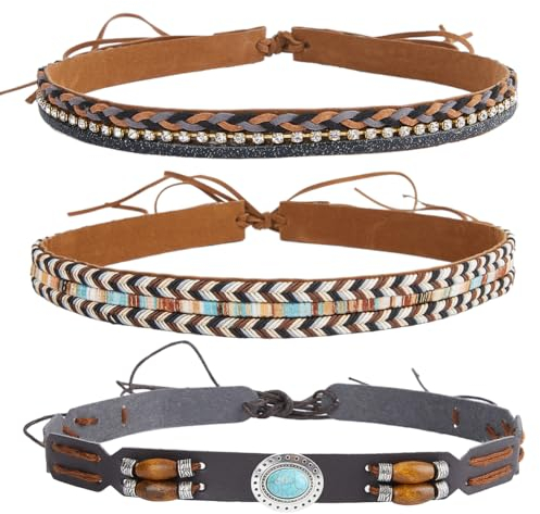 craspire 3 Style Bande de Chapeau de Cowboy Fait à la Main en Simili Cuir Tressé Turquoise Strass Ethnique Occidental Réglable Ceinture de Remplacement Accessoires pour Chapeau Western de Paille
