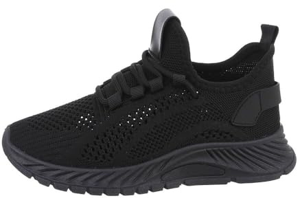 Ital Design Damen Low-Top Sneaker mit Schnürung und Flacher Sohle, runde Spitze, Schwarz, Gr. 36