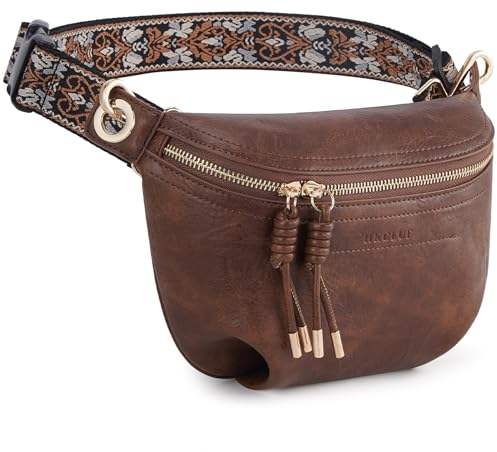 HKCLUF Gürteltasche Damen, Veganes Leder Bauchtasche Damen Stylisch Hüfttasche Umhängetasche mit 2 Riemen Braune Kaffeefarbe