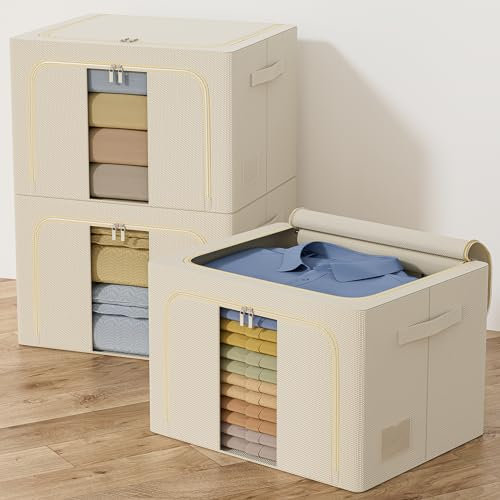 GoMaihe Scatole per Armadio Rigide 3 pezzi 198L: Contenitori per Armadio Cerniera - Piumone, Lenzuola Organizzatore Armadio - Scatole per Vestit (Beige, 66L)