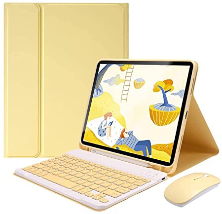 Custodia Tastiera per iPad Air 5a Generazione 2022/ iPad 4a Generazione 2020 10.9 Pollici con Mouse, Magnetica Cover con Senza Fili Staccabile Bluetooth QWERTY Tastiera e Slot per Penna, Giallo