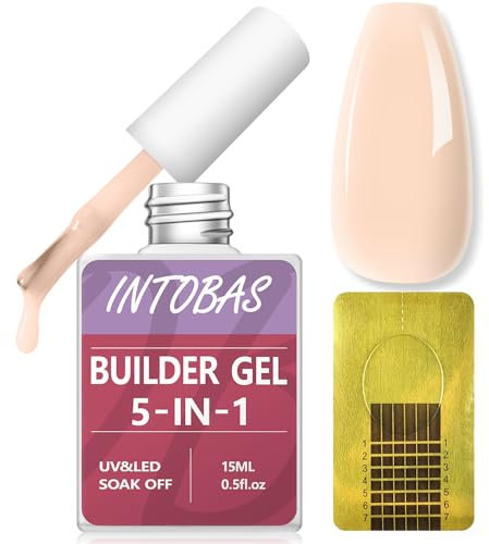 INTOBAS Kit Gel Construction Ongle UV Professionnel, 15Ml Builder Gel 5 En 1 Nude, Kit Ongle Gel UV Avec 100Pcs Chablon Ongles, Gummy Base Pose Americaine Gel Polish pour Extension,Renfort,Réparation