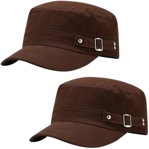 2 Pcs Unisex Braun Military Stil Army Cap Verstellbare Baseball Cap Flat Top Cap Sommer Sonnen Kappe für Herren Damen