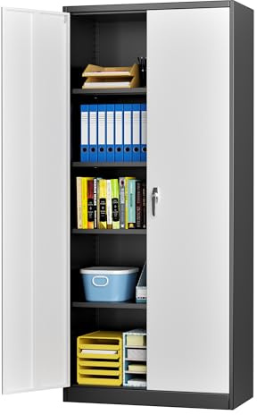 SUPEER Metal Storage Cabinet with 2 Door and 4 Adjustable Shelves,180CM Tall Steel Cabinet for Warehouse,Garage,Home,Office,Easy Assemble Required(Black/White)