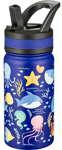 Fanhaw 420 ml Gourde Isotherme avec Paille - Bouteille Enfant en Acier Inoxydable Double Paroi, Anti-Fuite, Sans BPA, Pour Garçons et Filles (Bleu - Océan)