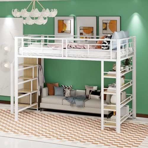 Kinderbett Hochbett Etagenbett 140x200, Metallbett Eisenbett mit Kleiderschrank&4 Regalen, Funktionsbett Doppelbett mit Sicherheitstreppe&Rausfallschutz, Kinderhochbett Stockbett Bettgestell, Weiß