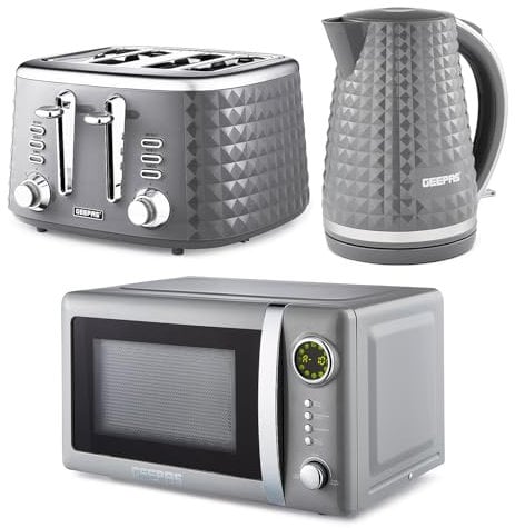 GEEPAS Electric Kettle 4 Slice Bread Toaster & Microwave Kitchen Set | 1.7L Textured Cordless Kettle 2200W | 4 Slice Toaster with 7 Level Browning Control | 700W Digital Microwave 20L, Grey