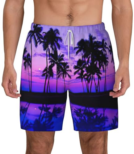 Short de plage double couche imprimé palmier violet coucher de soleil pour homme, short de bain à séchage rapide, blanc, XXL