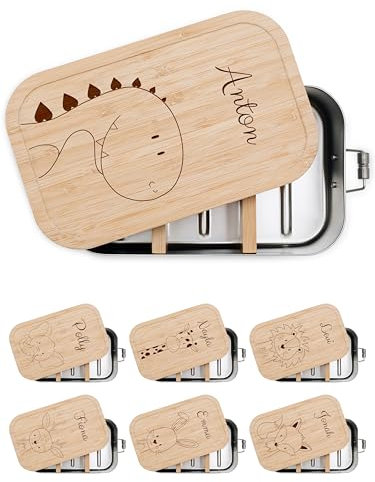 wunderwunsch® - Personalisierte Brotdose für Kinder - Robuste und Individuelle Edelstahl Brotdose mit Namen - Personalisierte Geschenke für Kinder (klein Edelstahl,Dino)