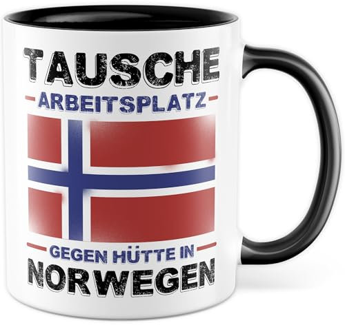 Bürotasse Tasse mit Spruch - Geschenk Tausche Arbeitsplatz gegen Hütte in Norwegen - Kaffeetasse aus Keramik 330ml - Bürogeschenk Kollege Kollegin Chef Witztasse Geschenkidee Kaffee-Becher