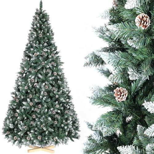 270cm Árbol de Navidad Nevado, Abeto Nordmann Premium, Ramas Densas y Realistas, Arbol de Navidad Artificial con Piñas, Soporte de Madera, 2500 Puntas de Rama, Fácil Montaje, Ignífugo