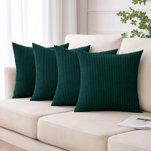 Moonlight Bedding Corduroy Cushions with Covers included Emerald Pack of 4 (4 covers, 4 inserts) 45 x 45 cm Decorative Stripe Throw Pillow Cases with Invisible Zipper for Living Room Bed Sofa