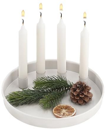 Seaside No.64 - Tablett mit 4 magnetischen Kerzenhaltern - Kerzenständer aus Metall, Matte Optik, für Stabkerzen - Dekotablett für deinen DIY Adventskranz und Tafelkerzen mit Ø2,2 cm (weiß, Ø25cm)