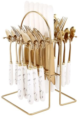 Cutlery Set with Stand, 24 Pieces Flatware Set, Cutlery Set Service for 6, Mirror Polished Tableware Set, Stainless Steel Knife Fork Spoon Hanging Flatware Set for Home Kitchen (Golden, White)