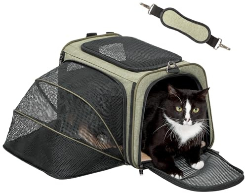 Petsfit Faltbare Transporttasche für Katzen & Hunde, einseitig erweiterbare Katzentransportbox mit Schultergurt, aus stabilem Oxford-Gewebe, Faltbare Hundetransportbox, praktische Reise