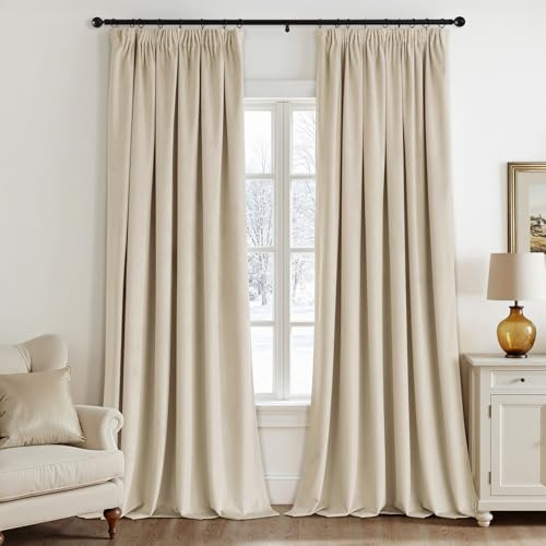EMEMA Samtvorhang mit Kräuselband Beige 2er Blickdichte Gardine H280xB140cm | Samt Gardinen Deko Blickdichte Vorhänge mit Kräuselband Wohnzimmer Schlafzimmer Verdunkelung Thermovorhang Samt kräuselband