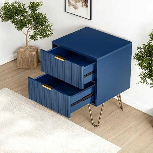 YGHQAP Nachttisch, Nachtschrank mit 2 Schubladen, Nachtkommode mit Metallfüße, Sofatisch, Moderner Nachttisch Beistelltisch für Boxspringbett Wohnzimmer Schlafzimmer, Blau und Gold