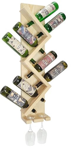 Porte Bouteilles Mural en Bois de pin, 4 Niveaux pour 8 Bouteilles, Support pour 2 Verres à vin, étagère Murale décorative, Range-Bouteilles Bar Cave Cuisine, Bois brossé, Brun Clair, 90x20x12 cm