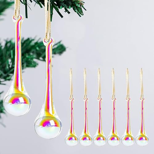Iridescent Crystal Glass Christmas Tree Ornaments, 13cm Teardrop Baubles, Set of 8,Hanging Ornament for Easter Xmas Wedding Party Home Decor (Multicolor)