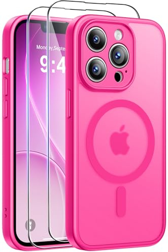 FLLAO Coque pour iPhone 13 Pro Max (6,7 Pouce) avec 2 Verres Trempé, Compatible avec Mag Safe, Coque Mat Translucide Fine Antichoc, PC Dur Housse Arrière Anti-Rayures + TPU Bumper Antichoc, Rose Rouge