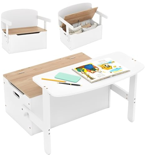Maxmass 3 in 1 Toddler Table and Chair Set, Convertible Kids Bench Storage Chest with Safety Hinge, Wooden Toy Storage Box Children Toy Storage Organizer for Kids Room Playroom Daycare (White+Natural)
