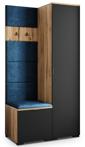 Masseno Flugarderoben Set Lori, Kleiderschrank-Set mit Sitzbank, Garderobenschrank Flur mit 3 Regalböden, Eiche Wotan/Schwarz