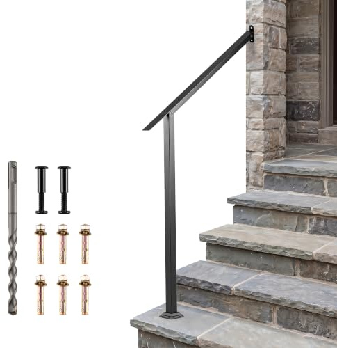 TANGZON Outdoor Handrail for Steps, Adjustable Stair Rail Kit | Fits 4-5 Steps, 0-150 Degree Angle, Steel Support Rail, Black Coating, Installation Kit, for Concrete Steps, Porch and Deck