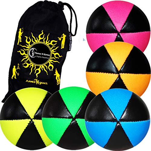 Flames 'N Games ASTRIX UV Thud Juggling Balls set of 5 Pro 6 Panel Leather Juggling Ball Set & Travel Bag! (Mix)