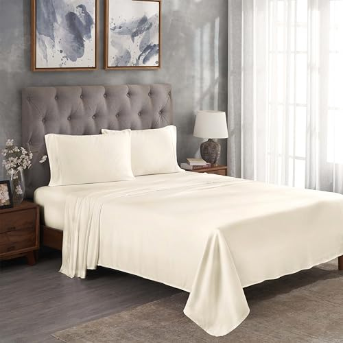 SUPERIOR Modal from Beechwood 300 Thread Bed Sheet Set, 1 Elastic Deep Pocket Fitted Sheet, 1 Flat Sheet, 2 Pillowcases, Soft Cool Sheets, Sateen Weave, Bedding Essentials, King, Ivory