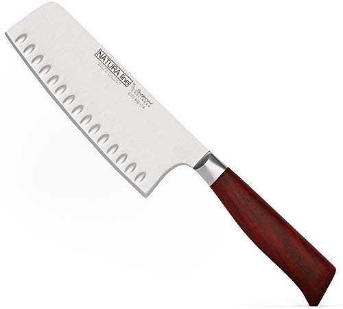 Burgvogel Solingen Natura Line, Chinesisches Kochmesser Holzgriff, rot satiniert, geschmiedet, 17 cm, Chai Dao mit Kullenschliff, rostfrei, Made in Germany