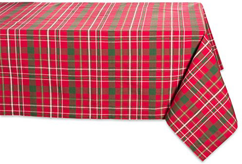 DII Nappe de Noël carrée en Coton, Motif Tartan Houx, Rouge et Vert, 132 x 132 cm