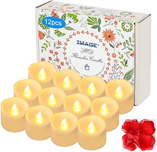 IMAGE LED Kerzen 12 Stück Teelichter mit Timer 6 Stunden an 18 Stunden aus flackernde flammenlose Kerzen mit 100 Rosenblättern (warmweiß)