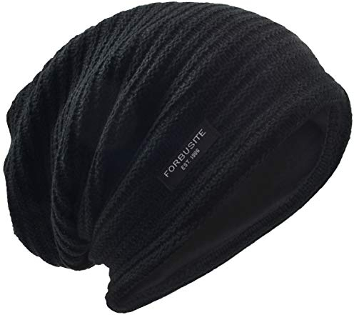 VECRY Herren Lässige Mütze Strickmütze Schädeldecke Lange Gefütterte Winter Sommer Hüte (Solide Schwarz)