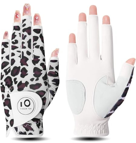 FINGER TEN Golfhandschuhe Damen Leder Links Rechts Hand Golfhandschuh Golf Handschuhe mit Ball Marker Wert 1 Stück Handschuh, Rain Grip Griff Linke Rechte Golfer (Leopard, M, Links)